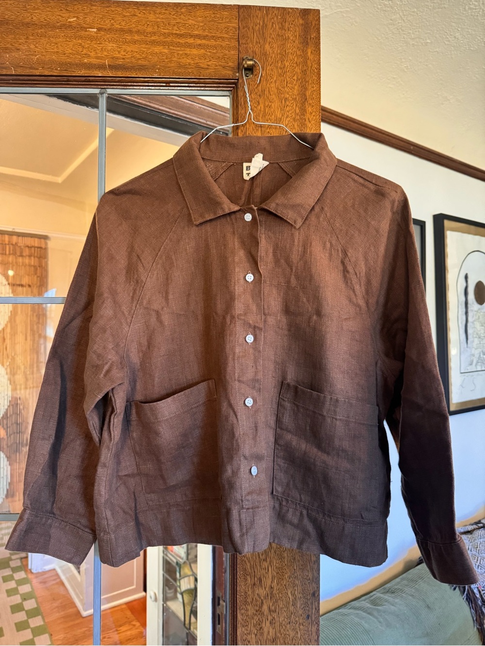 Beaton Linen Brown Button-Up Linen Jacket with Front Pockets